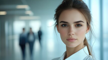 Young businesswoman portrait in bright office setting with colleagues blurred in background showcasing professionalism and confidence, soft natural light, close-up.
