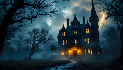 Obraz premium Mysterious Victorian Mansion: A Dark and Stormy Night Scene