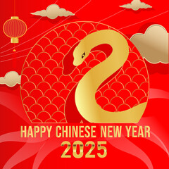 Celebratory image for the Chinese New Year 2025, showcasing golden snake graphics, floral elements, and traditional decorations over a red background