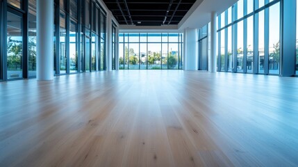 Spacious Modern Hallway with Large Windows and Light Wood Floor