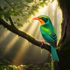 a vibrant, iridescent bird with emerald green feathers, bright orange beak, and radiant yellow eyes