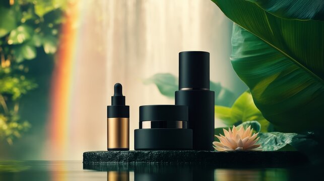 A serene display of skincare products surrounded by nature and a tranquil waterfall backdrop.