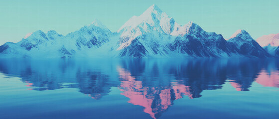 Fototapeta premium Snowy mountain peaks reflecting in crystal clear lake under serene blue sky