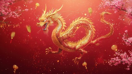 Fototapeta premium bold dragon postcard in vibrant red and gold, with a flying dragon surrounded by firecrackers and plum blossoms