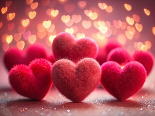 Fototapeta premium Seven Fluffy Red Hearts on Pink, Low Light Romantic Stock Photo