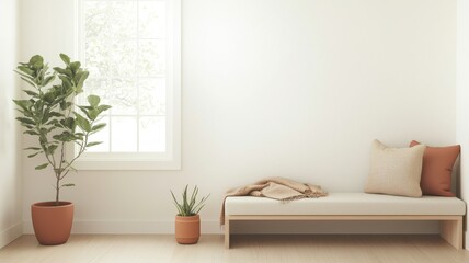 Minimalist living space with plants and cozy furniture.