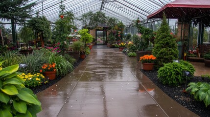 Obraz premium Greenhouse Pathway Rain Wet Plants Flowers Interior