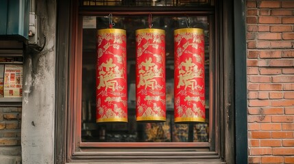 red and gold firecracker poster displayed on a storefront, inviting good fortune and celebrating Chinese New Year traditions.