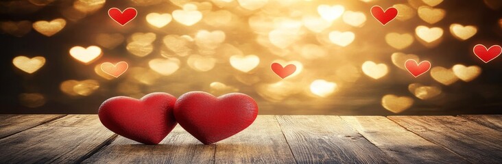 Obraz premium On a Rustic Table, Two Wooden Hearts are Framed by Colorful Heart-Shaped Bokeh - A Valentine's Day Scene