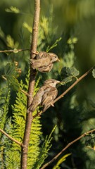 Sparrows on a Tree Branch