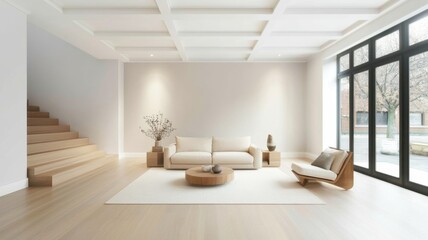 Fototapeta premium Spacious modern living room with elegant furnishings and natural light.