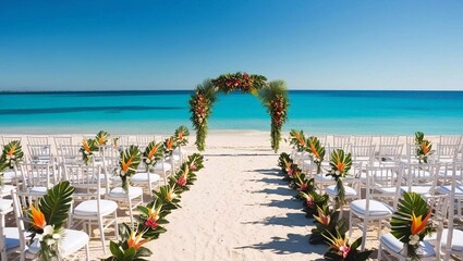 Naklejka premium Decorated with flowers and greenery, chairs line the sandy beach for a wedding ceremony overlooking the ocean under a clear blue sky