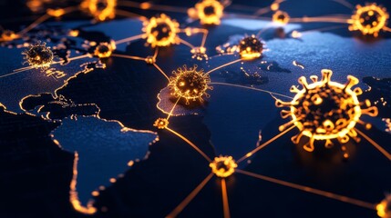 A digital representation of a world map with virus icons and network connections.
