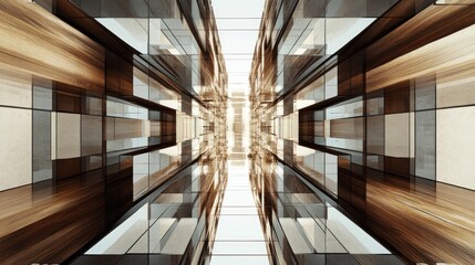 Modern building interior with wood and glass facade, symmetrical perspective view.