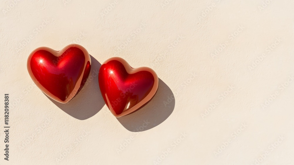 Aufkleber two glossy red hearts casting shadows on a cream colored background create a romantic atmosphere, pe