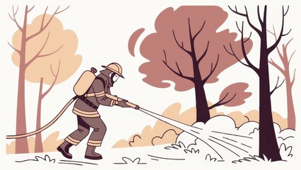 A firefighter using a hose to extinguish a fire in a forested area, surrounded by trees in autumn colors.