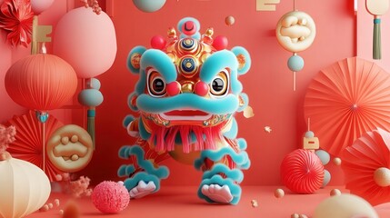 Obraz premium Chinese toy lion dance with bold colors, surrounded by traditional symbols of prosperity and good fortune