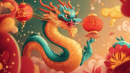 dragon postcard showcasing a playful dragon holding a lantern, surrounded by auspicious symbols for the New Year.