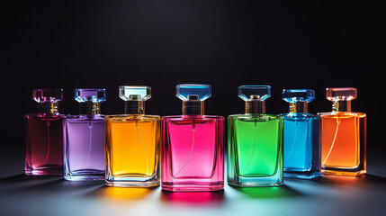 Colorful perfume bottles arranged in a vibrant display