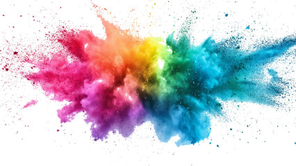 Colorful rainbow holi paint color powder explosion isolated white wide panorama background. Colorful vibrant rainbow Holi paint color powder explosion with bright colors isolated white background.