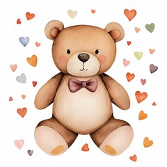 Fototapeta premium Cute Valentine Teddy Bear watercolor concept. Cute teddy bear surrounded by colorful hearts, perfect for children's themes.
