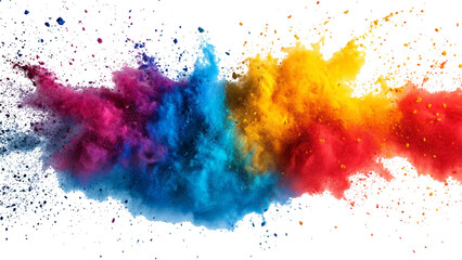 Colorful rainbow holi paint color powder explosion isolated white wide panorama background. Colorful vibrant rainbow Holi paint color powder explosion with bright colors isolated white background.