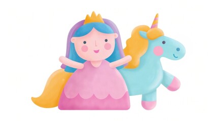 A colorful cartoon princess and a unicorn, both with cheerful expressions, perfect for children's toys or storybooks.