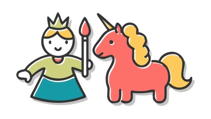 Fototapeta premium A playful illustration of a girl in a crown holding a paintbrush beside a colorful unicorn, embodying creativity and fantasy.