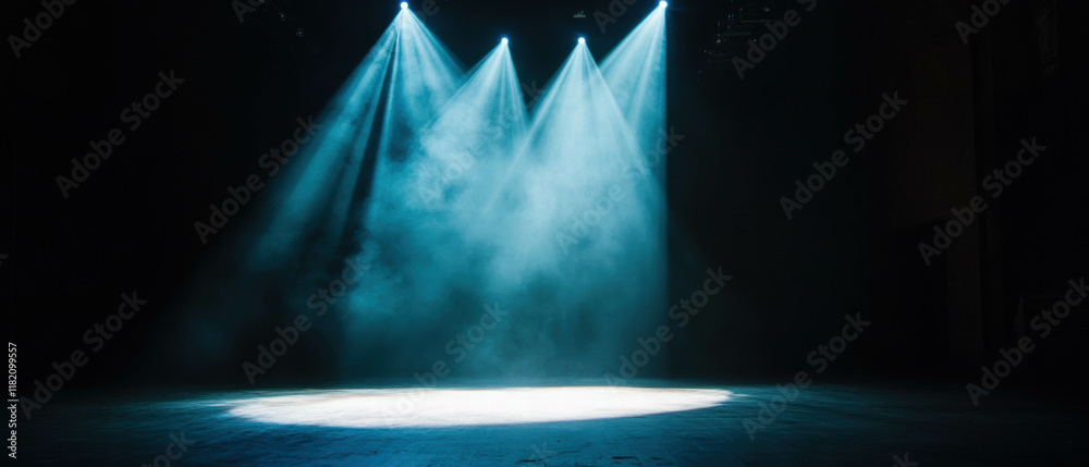 Poster dramatic spotlight illuminating a stage with powerful beams of light in a theatrical setting