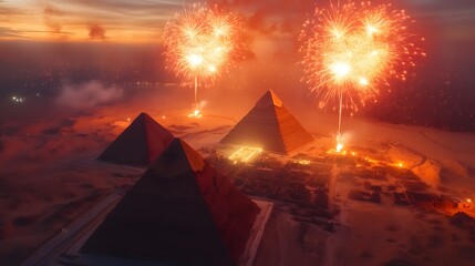 Nighttime fireworks at egypt's pyramids