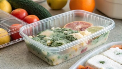 A meal prep container filled with colorful ingredients and green sauce, surrounded by fresh fruits and vegetables on a countertop.