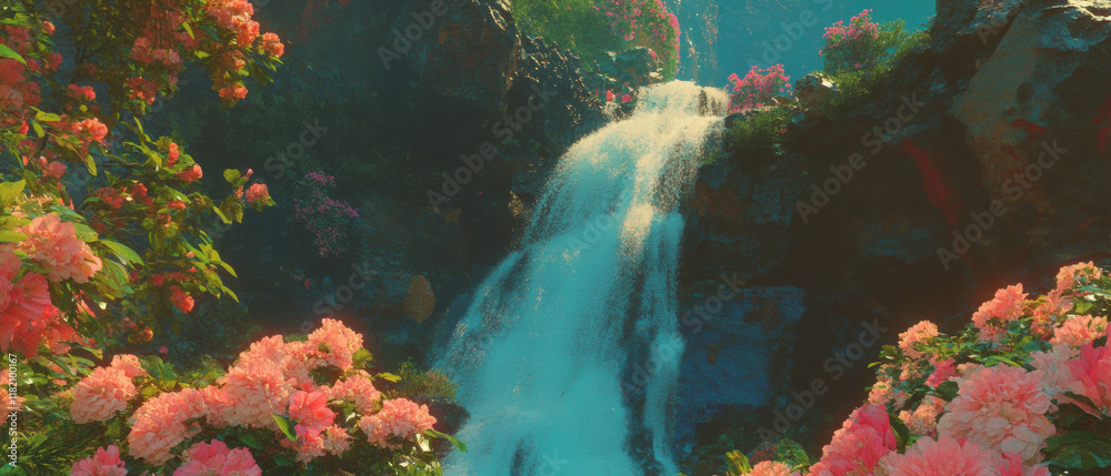 Poster refreshing spring waterfall cascading through vibrant flowers in a serene landscape
