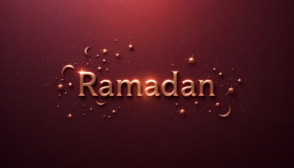 Obraz premium Ramadan greeting card with golden text, stars, and crescent moons on a dark red background.