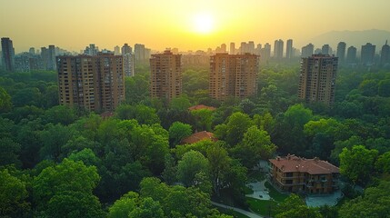 Sunset cityscape with lush green park and high-rise buildings.