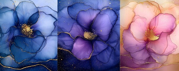 An elegant set of handmade abstract art backgrounds combining watercolor, alcohol ink, and spotted elements in purple, violet, and blue. Gold lines enhance the liquid marble design, perfect for use