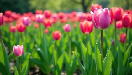 Obraz premium Green foliage with scattered purple tulip blooms in a field, spring, countryside