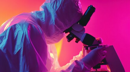 lab technichian using a microscope to study medicine modern digital illustration with bold contrasts high-intensity lighting sleek laboratory background