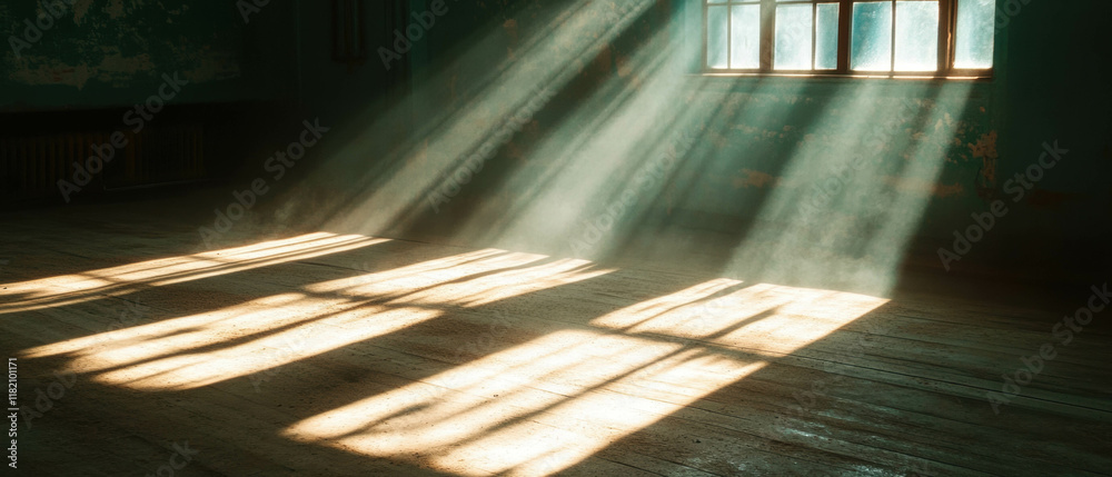 Poster sun rays illuminate a dusty room creating a serene atmospheric effect