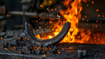 A blacksmith forging a horseshoe in a traditional workshop, with glowing coals and hammer strikes