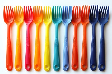 Colorful plastic forks arranged in a row