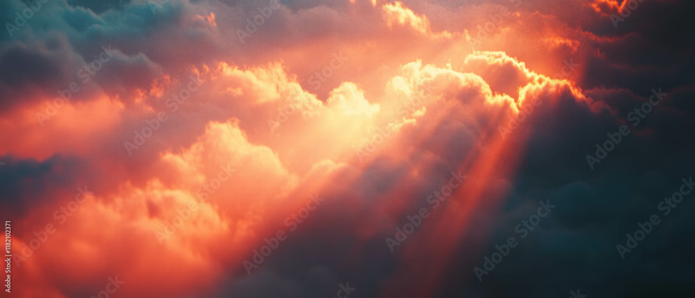 Aufkleber Sun rays piercing through fog create a mysterious atmosphere at dawn