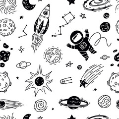 Seamless pattern of spaceship, planets, rocket and stars collection, hand drawn in doodle style. Kids background. © Abundzu