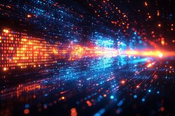 Naklejka premium Abstract blue background featuring arrows and technology symbols, representing business, data transfer, or digital marketing concepts, on a blurred futuristic geometric backdrop