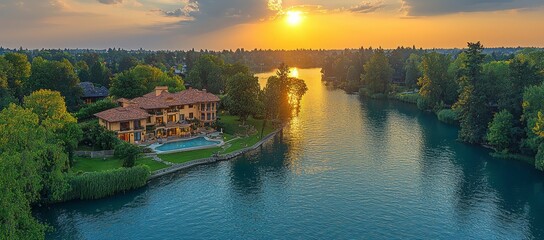 Obraz premium Sunset view of luxury waterfront home with pool.