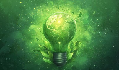 Green eco friendly lightbulb. Environmental Sustainability, Green energy and Earth Day, Generative AI
