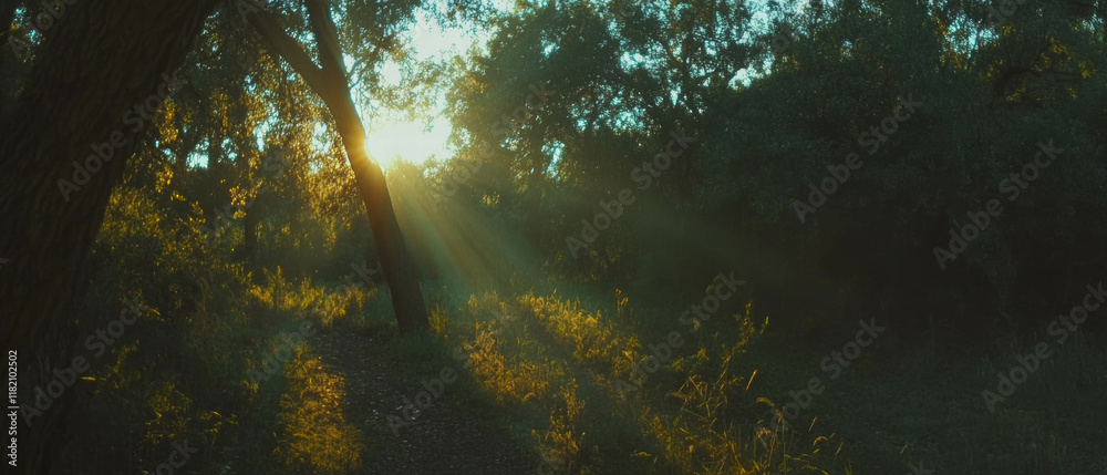 Fototapete sun rays filtering through trees on a forest path create a serene atmosphere