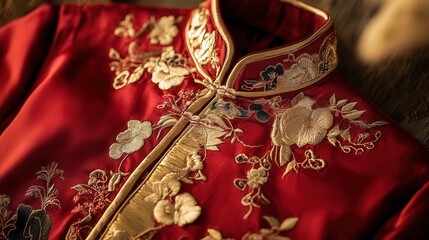 Chinese New Year shirt crafted with red and gold silk, featuring embroidered zodiac symbols and intricate floral designs.