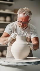 Man perfects a large clay vase in a pottery studio during the day