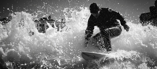 Surfer riding a wave, splashing water, monochrome.