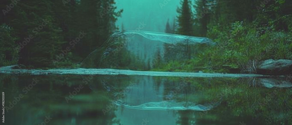 Poster nature transformed by transparent plastic overlay creating a surreal atmosphere